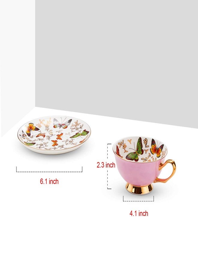 LURRIER Coffee Cup Mug with Saucer for Latte, Cappuccino Tea with Butterflies 6.8 Oz Fine Bone China, Dishwasher Safe, Reactive Glaze, 1 Pcs (Pink) - Image 2